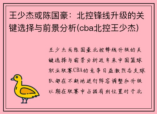 王少杰或陈国豪：北控锋线升级的关键选择与前景分析(cba北控王少杰)
